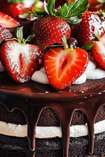 Decadent Chocolate Cake with Strawberries and Cream
