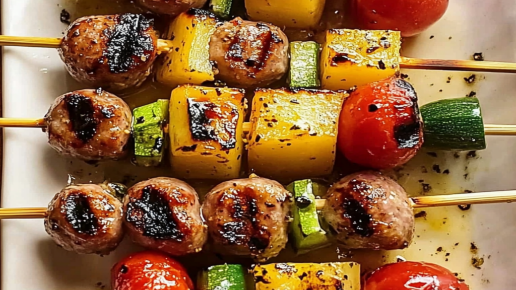 Sizzle with Grilled Brat Kabobs & Marinated Vegetables