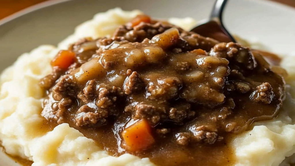 Comforting Ground Beef and Gravy Over Mashed Potatoes