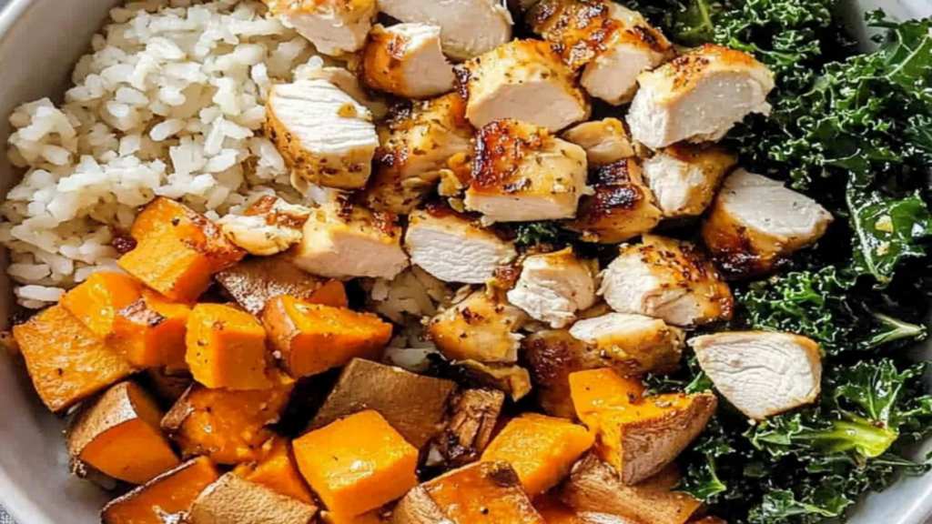 Roasted Sweet Potato, Chicken, and Kale Bowls