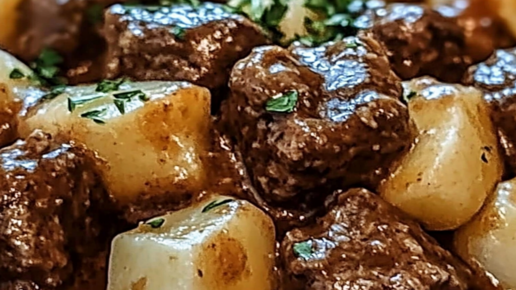 Slow Cooker Garlic Butter Beef Bites & Potatoes