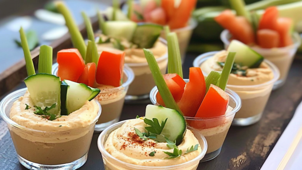 Colorful Veggie Cups with Hummus Dip – A Crunchy Delight