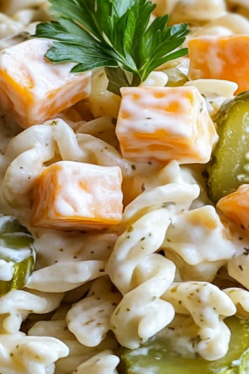 Tangy Dill Pickle Pasta Salad with Cheddar Cubes Recipe