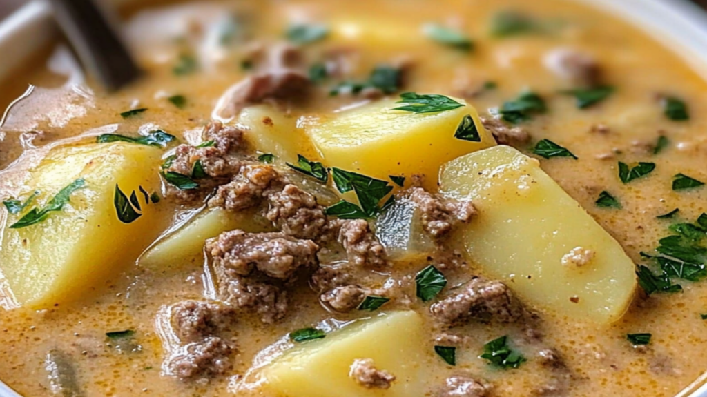 Loaded Potato Soup Recipe with Cheddar & Beef