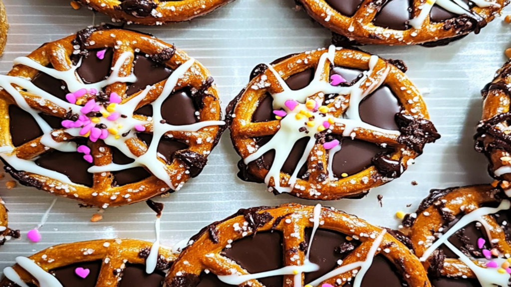 Spooky Easy Halloween Chocolate Pretzel Spider Webs