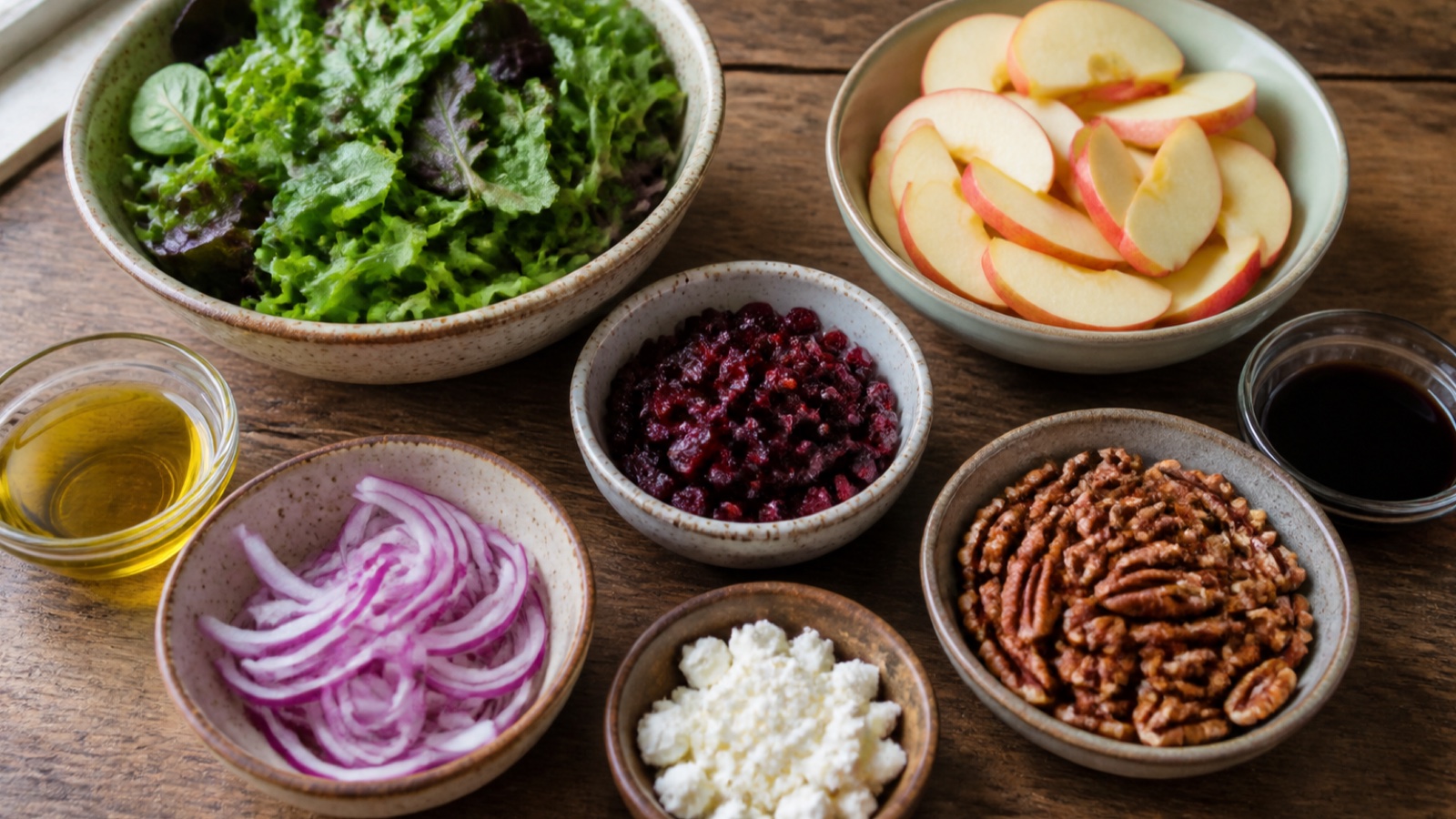 Ingredients prepared for Apple Cranberry Pecan Salad Recipe Delight