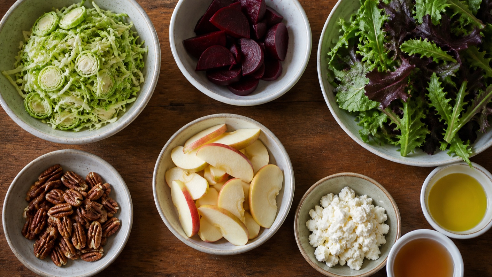 Ingredients prepared for Cozy Autumn Salad with Brussels Sprouts & Beets Delight