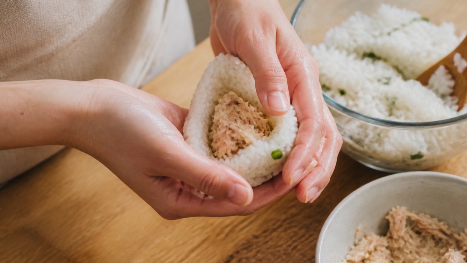 Preparation step for Chicken Onigiri: A Savory Rice Delight