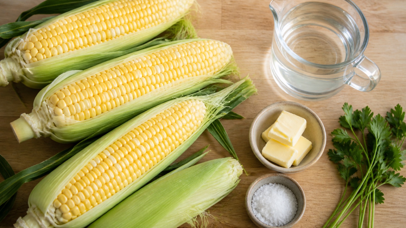 Ingredients prepared for Boiled Corn on the Cob