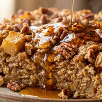 Ultra close-up macro texture of warm apple cinnamon pecan baked oatmeal with dripping maple syrup and toasted pecans