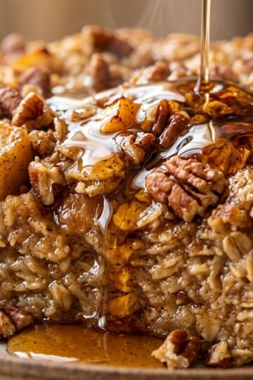 Ultra close-up macro texture of warm apple cinnamon pecan baked oatmeal with dripping maple syrup and toasted pecans