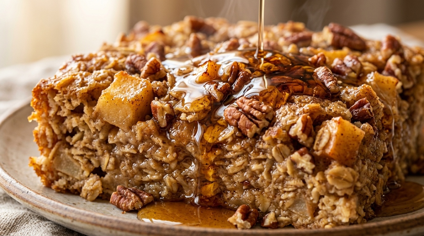 Ultra close-up macro texture of warm apple cinnamon pecan baked oatmeal with dripping maple syrup and toasted pecans