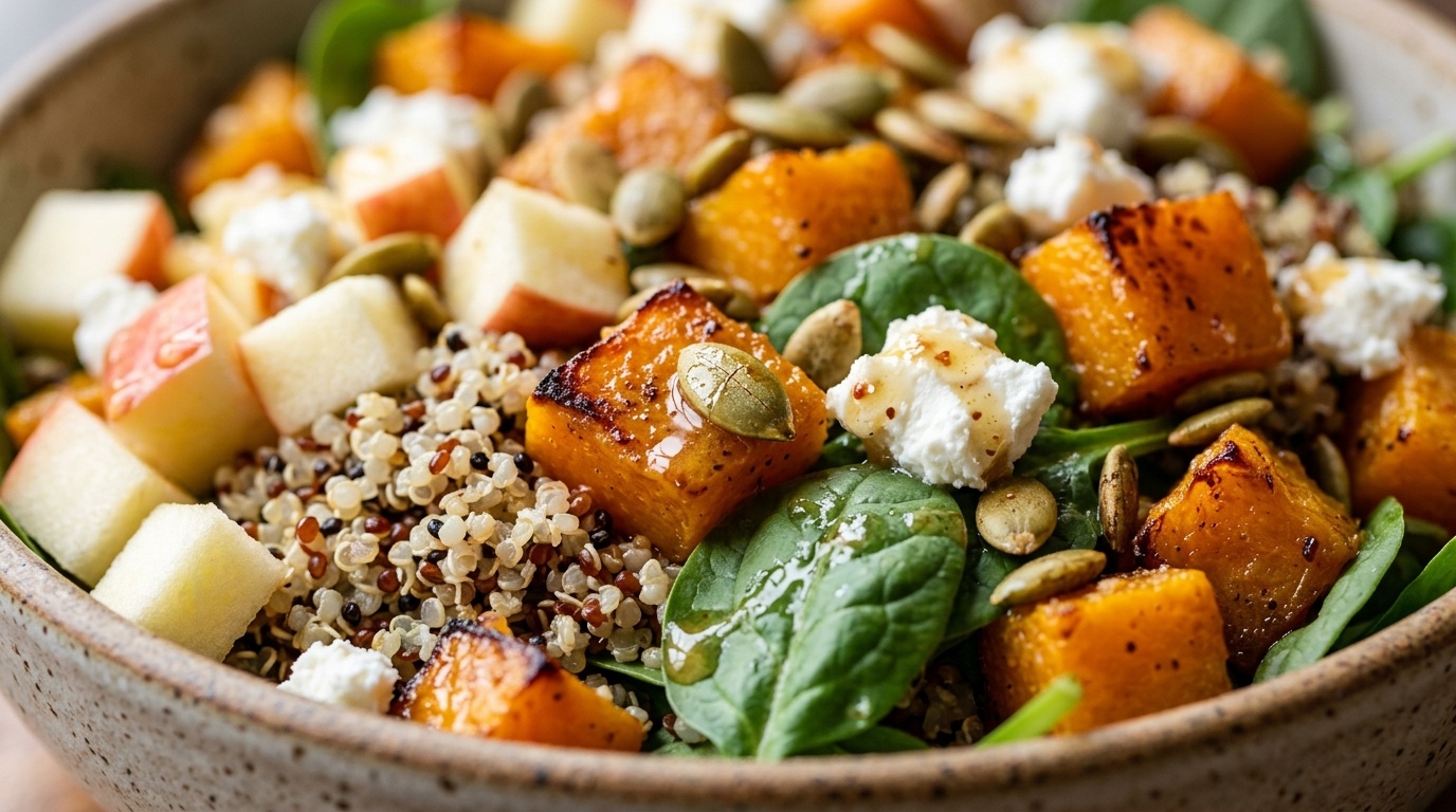 Warm roasted butternut squash and cranberry quinoa salad with feta in a shallow bowl
