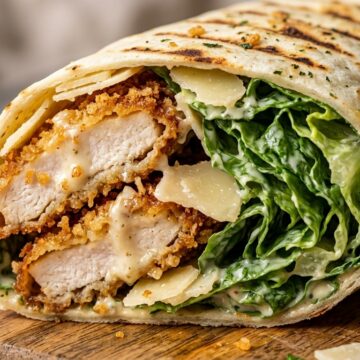 Ultra close-up macro texture of crispy garlic chicken caesar wrap with melted parmesan, crisp romaine, and creamy caesar dressing