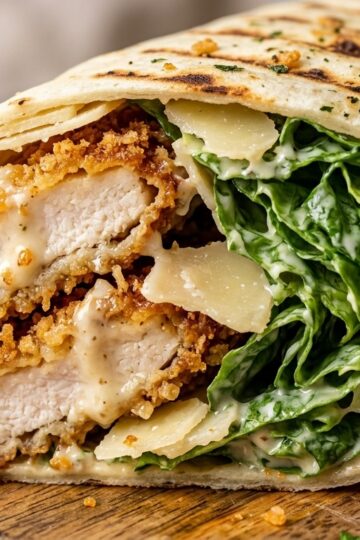 Ultra close-up macro texture of crispy garlic chicken caesar wrap with melted parmesan, crisp romaine, and creamy caesar dressing