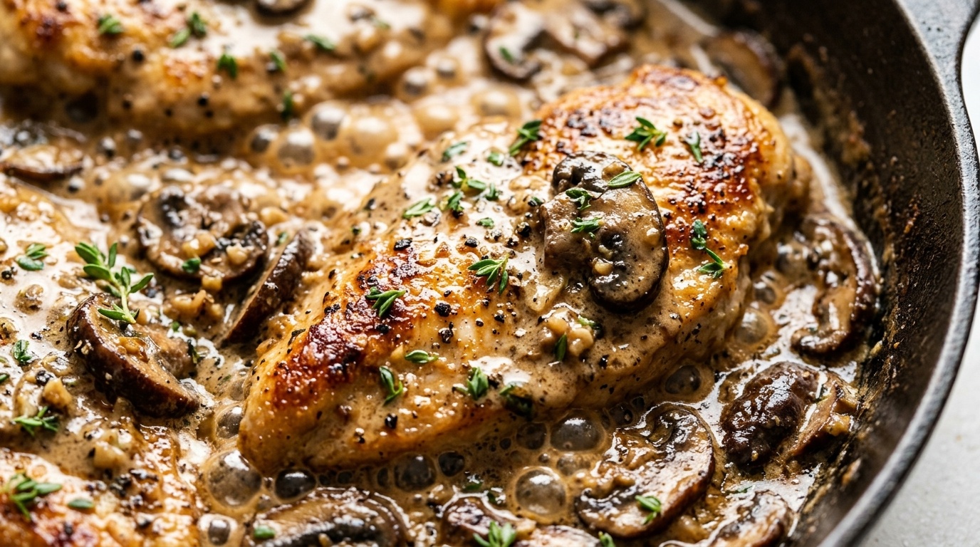 Ultra close-up macro of golden seared chicken cutlet smothered in creamy garlic parmesan mushroom sauce with fresh parsley and melted cheese