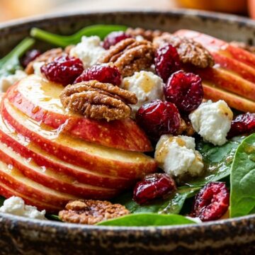 Ultra close-up macro of autumn harvest apple salad with crisp sliced Honeycrisp apples, candied pecans, cranberries, and maple dijon vinaigrette