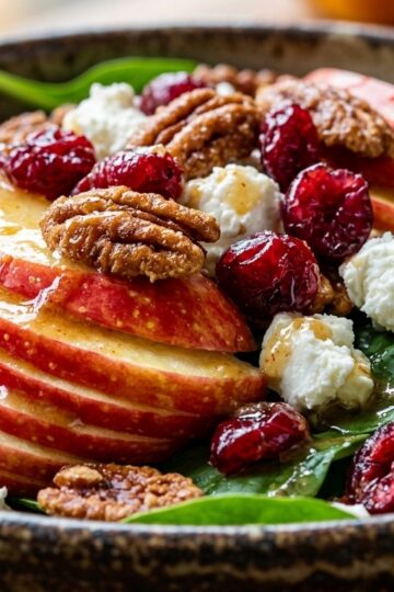 Ultra close-up macro of autumn harvest apple salad with crisp sliced Honeycrisp apples, candied pecans, cranberries, and maple dijon vinaigrette