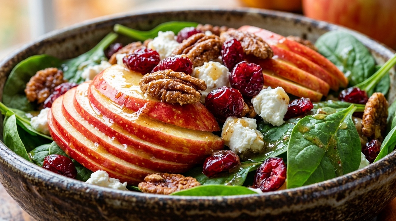 Ultra close-up macro of autumn harvest apple salad with crisp sliced Honeycrisp apples, candied pecans, cranberries, and maple dijon vinaigrette
