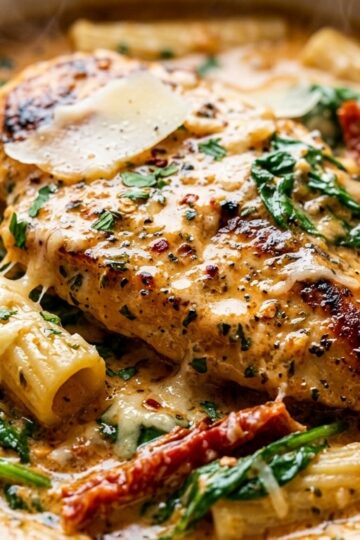 Ultra close-up macro texture of creamy marry me chicken pasta with golden chicken cutlet, rigatoni, sun-dried tomatoes, and parmesan