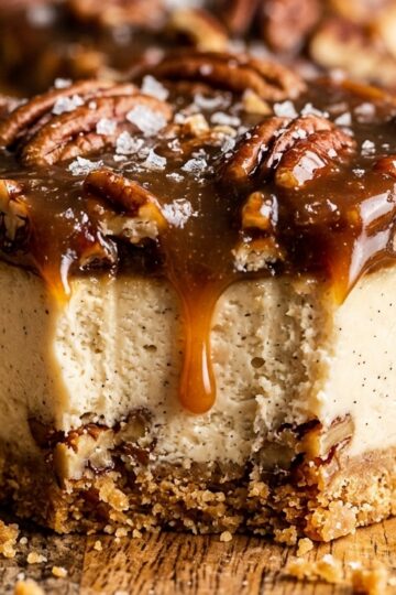 Ultra close-up macro of salted caramel pecan cheesecake bar with buttery crust, velvety cheesecake, and dripping caramel pecan praline