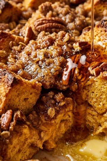 Ultra close-up macro of golden overnight pumpkin spice French toast bake with melted butter and warm maple syrup