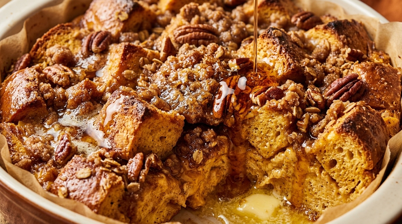 Ultra close-up macro of golden overnight pumpkin spice French toast bake with melted butter and warm maple syrup