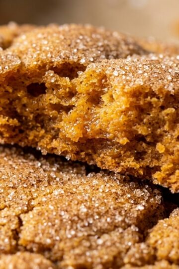 Ultra close-up macro texture of soft baked pumpkin spice snickerdoodle cookie broken in half showing moist pumpkin interior and cinnamon sugar crystals