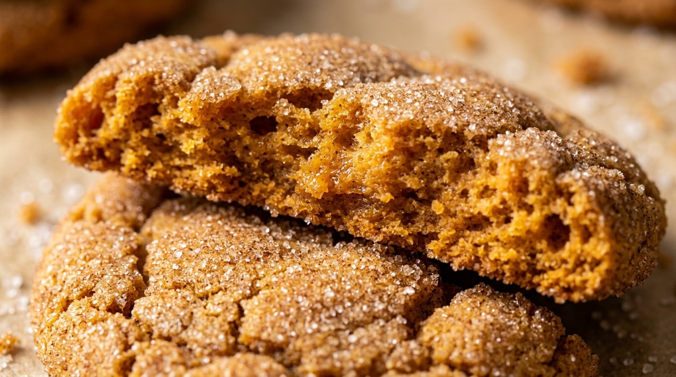 Ultra close-up macro texture of soft baked pumpkin spice snickerdoodle cookie broken in half showing moist pumpkin interior and cinnamon sugar crystals
