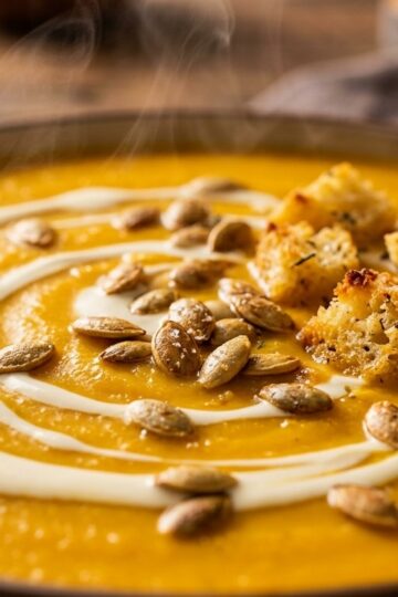 Ultra close-up macro of velvety roasted garlic butternut squash soup in a bowl with cream swirl, roasted pepitas, and crispy sage