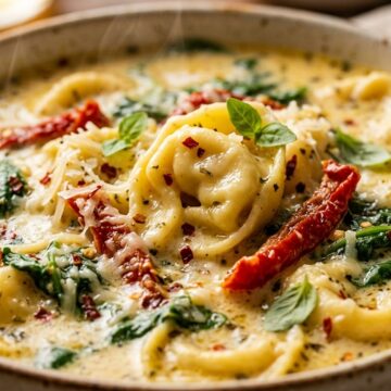 Ultra close-up macro of creamy Tuscan garlic tortellini soup with sun-dried tomatoes and baby spinach