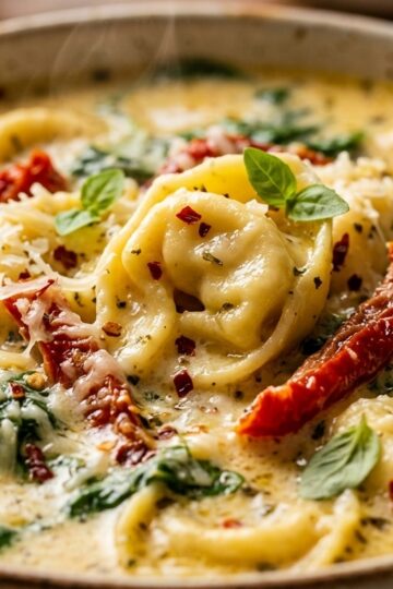 Ultra close-up macro of creamy Tuscan garlic tortellini soup with sun-dried tomatoes and baby spinach