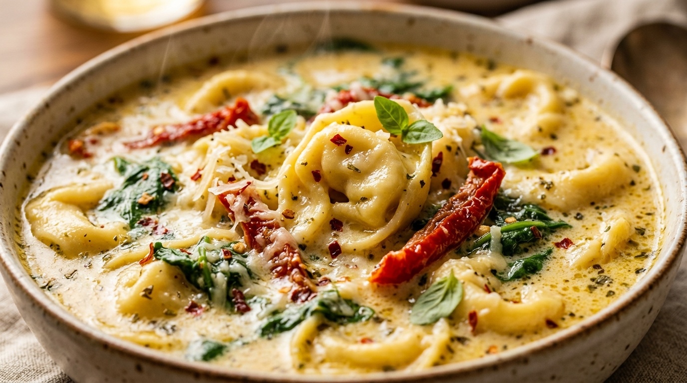 Ultra close-up macro of creamy Tuscan garlic tortellini soup with sun-dried tomatoes and baby spinach
