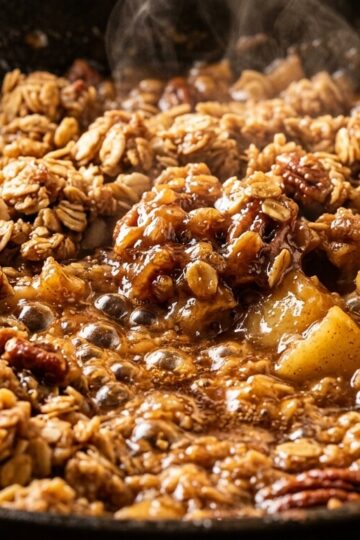 Ultra close-up macro of warm spiced brown butter apple crisp with bubbling cinnamon apple juices, golden nutty oat streusel, and melting vanilla ice cream