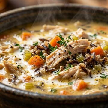 Steaming bowl of creamy chicken and wild rice soup with tender carrots, celery, and fresh thyme