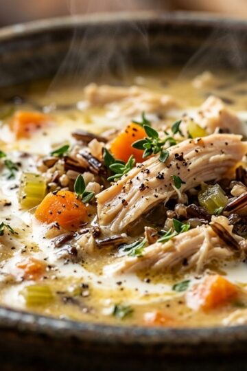 Steaming bowl of creamy chicken and wild rice soup with tender carrots, celery, and fresh thyme