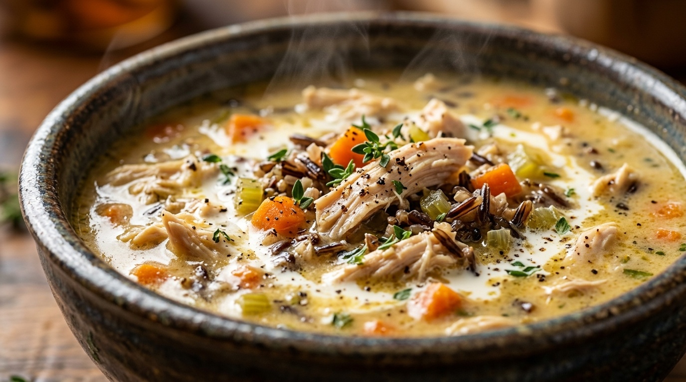 Steaming ceramic bowl of creamy autumn chicken and wild rice soup with carrots and fresh thyme