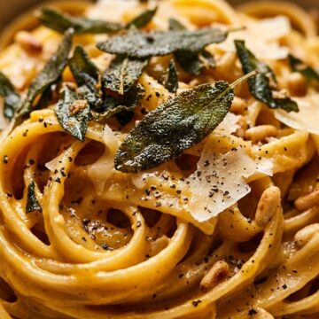 Creamy roasted butternut squash fettuccine with crispy sage, pine nuts, and parmesan