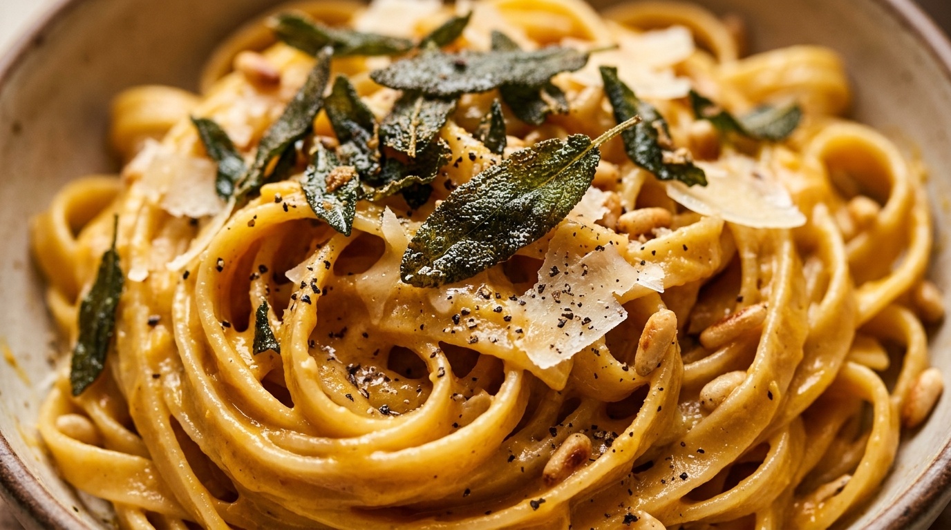 Bowl of creamy roasted butternut squash fettuccine pasta with crispy sage and parmesan