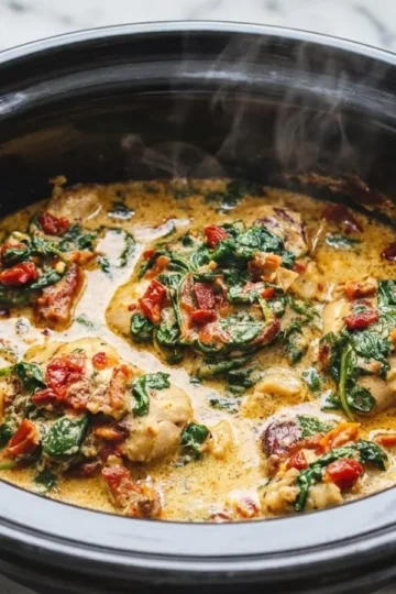 CrockPot Tuscan Garlic Chicken Thighs with Spinach Delight