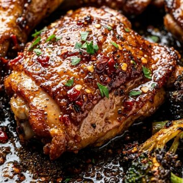 Crispy golden hot honey glazed chicken thighs with charred roasted broccoli florets