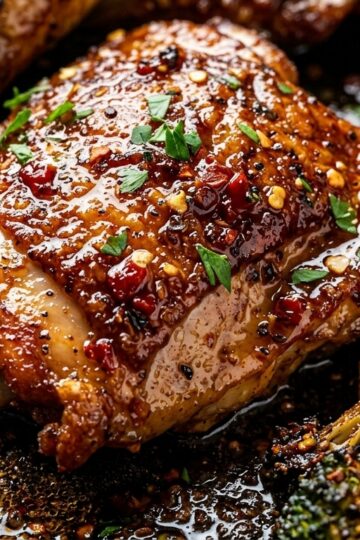 Crispy golden hot honey glazed chicken thighs with charred roasted broccoli florets