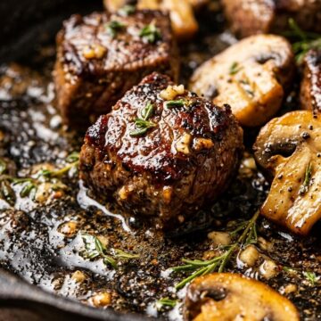 Cast iron skillet of caramelized garlic butter steak bites and cremini mushrooms