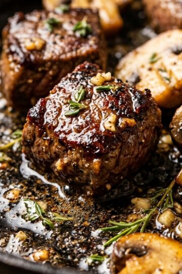 Cast iron skillet of caramelized garlic butter steak bites and cremini mushrooms
