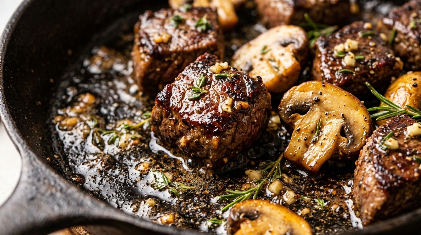 Cast iron skillet of caramelized garlic butter steak bites with tender cremini mushrooms and fresh herbs