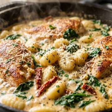 Creamy Tuscan Garlic Chicken and Gnocchi simmering in a skillet