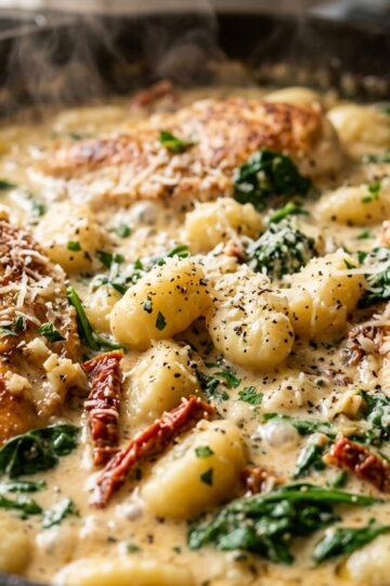 Creamy Tuscan Garlic Chicken and Gnocchi simmering in a skillet