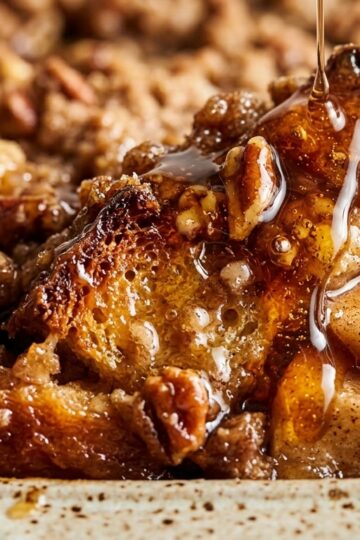 Ultra close-up macro texture of baked apple cider french toast casserole with custard-soaked brioche, caramelized apples, brown sugar pecan streusel, and spiced cider glaze