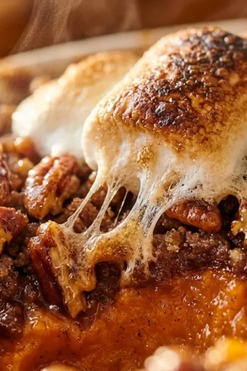 Ultra close-up macro of baked apple cinnamon French toast casserole with crunchy brown sugar streusel and maple drizzle