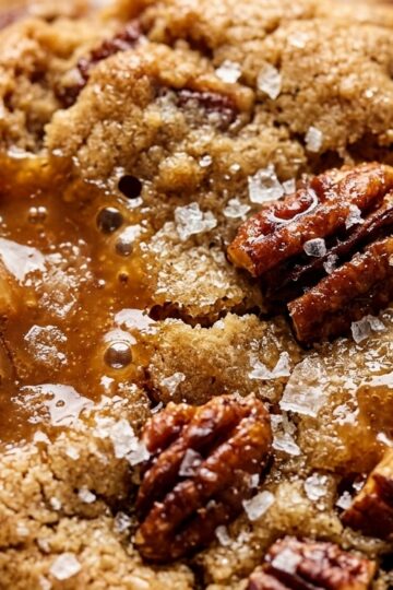 Ultra close-up macro texture of thick chewy brown butter toffee pecan cookies with molten toffee and flaky sea salt